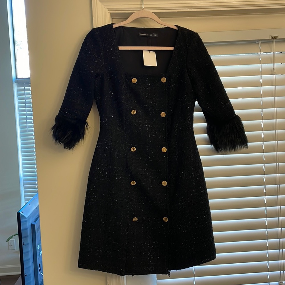 Karen Millen black A-line dress with fur sleeves
